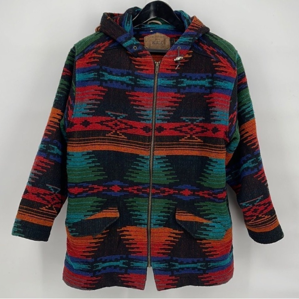 Woolrich Vtg. 80s Blanket Jacket Hooded Native American Fire Print Wool size M